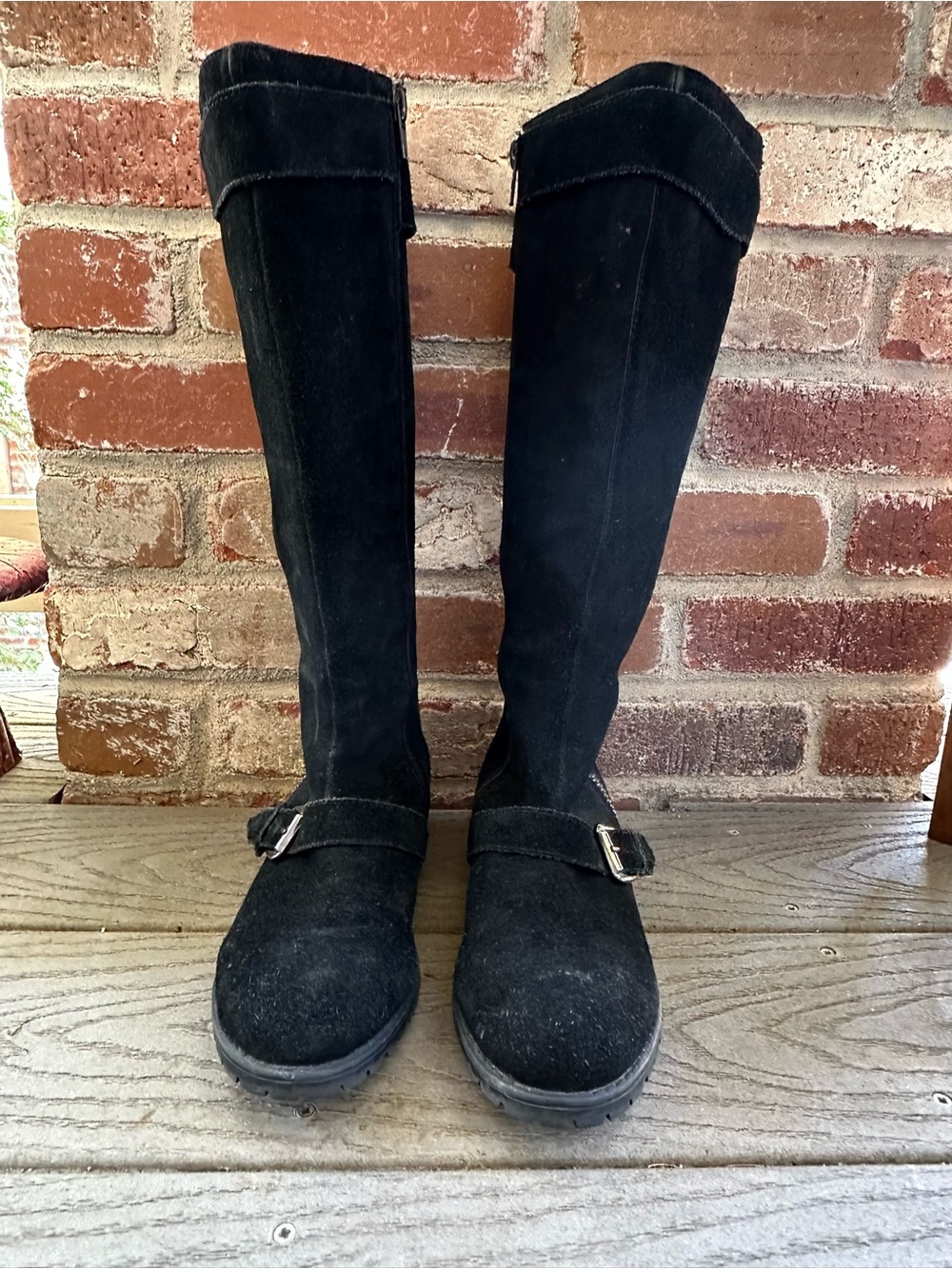 Steve Madden Black Suede Knee-High Moto Boots 8| Buckle & Zipper